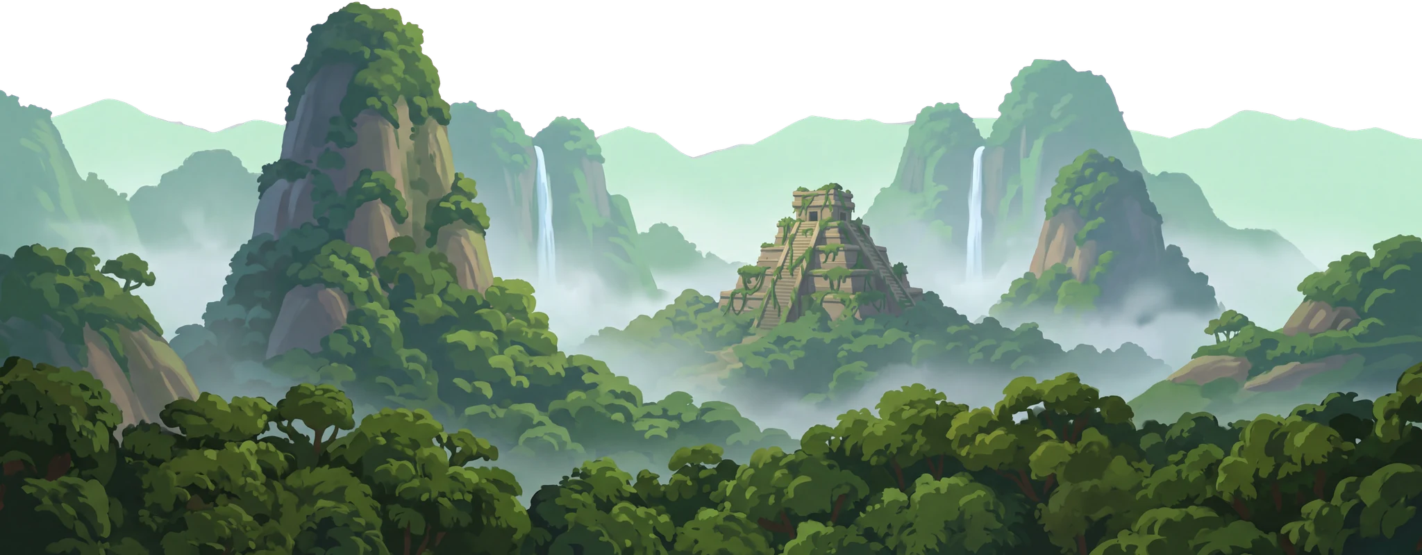 A painted misty jungle with a vine-covered pyramid.