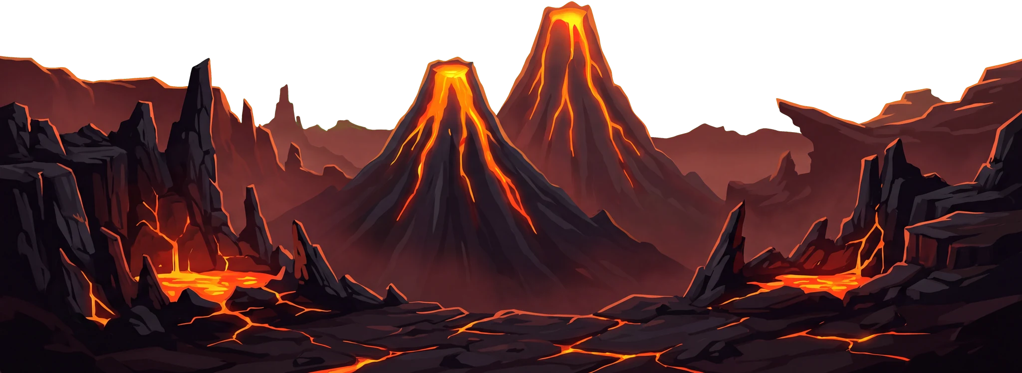 Two painted volcanoes with glowing lava cracks.