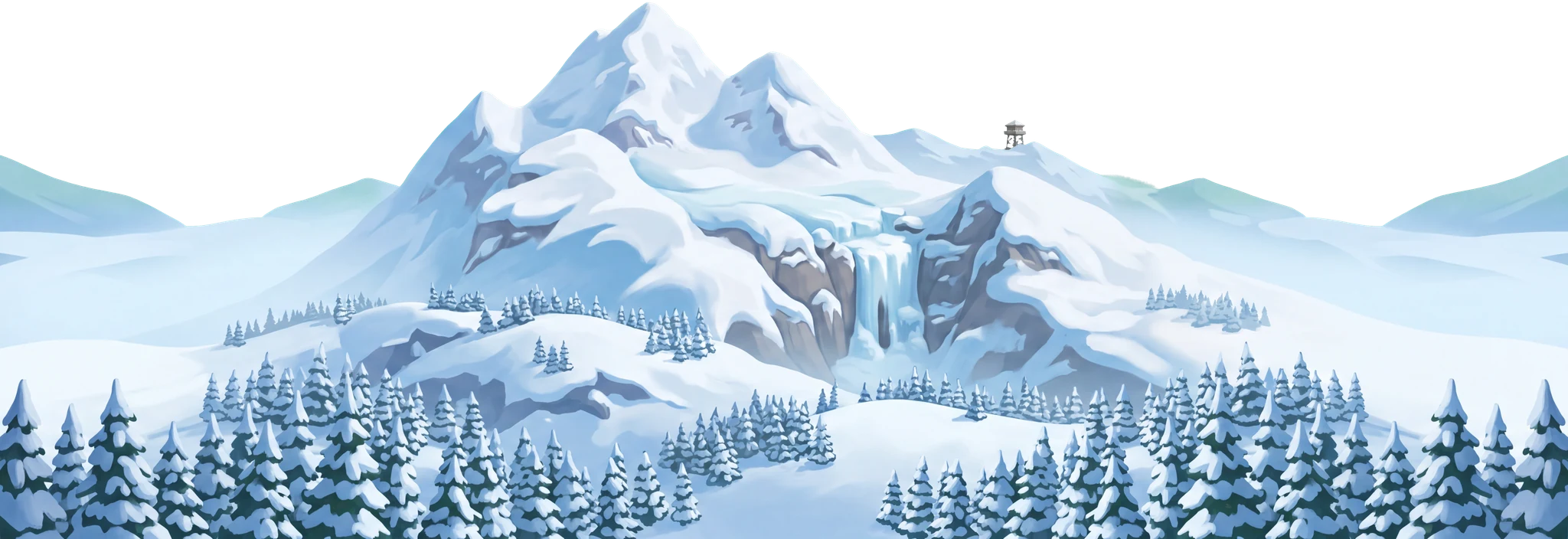 A painted snowy mountain with a frozen waterfall and pine forest.