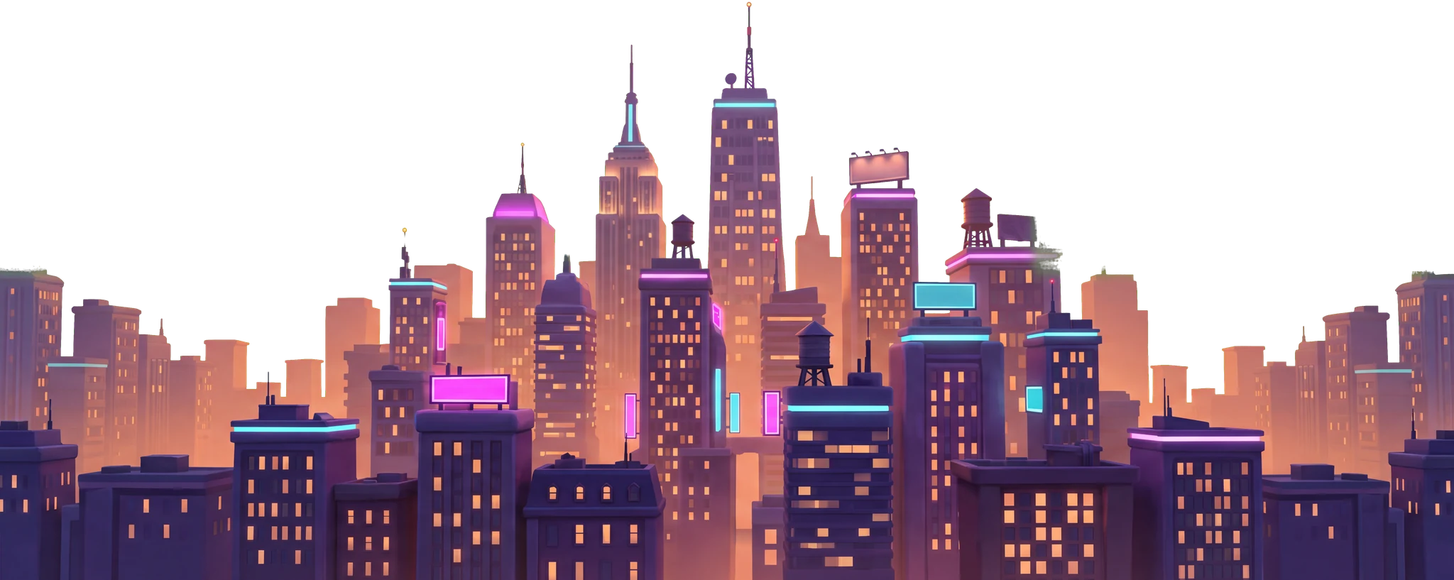 A painted neon city skyline at blue hour.