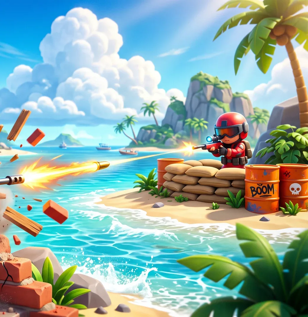 A golden bullet flies across a sunny bay toward a rival behind sandbags and explosive barrels.