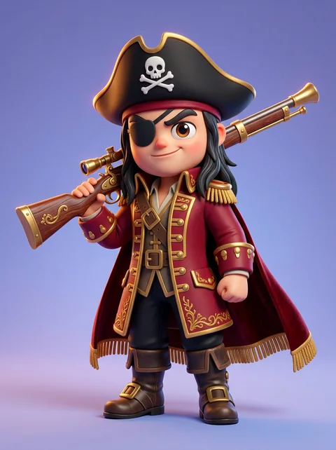 A pirate captain with an eye patch and a red coat, a long gun over one shoulder.
