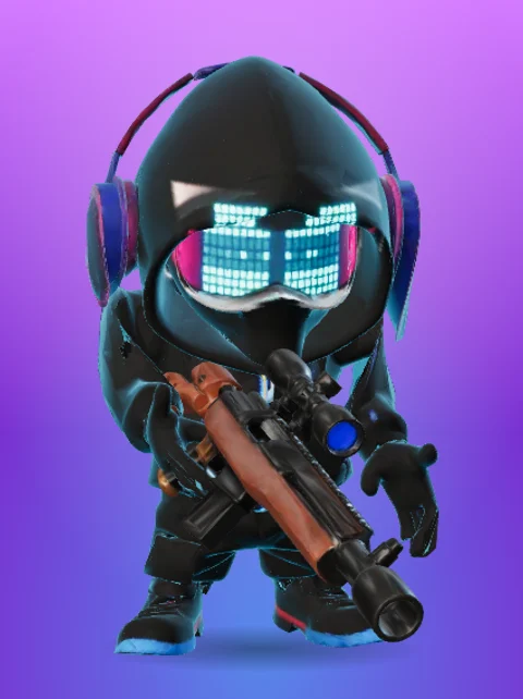 A hooded hacker with a glowing pixel visor and headphones, holding a rifle.
