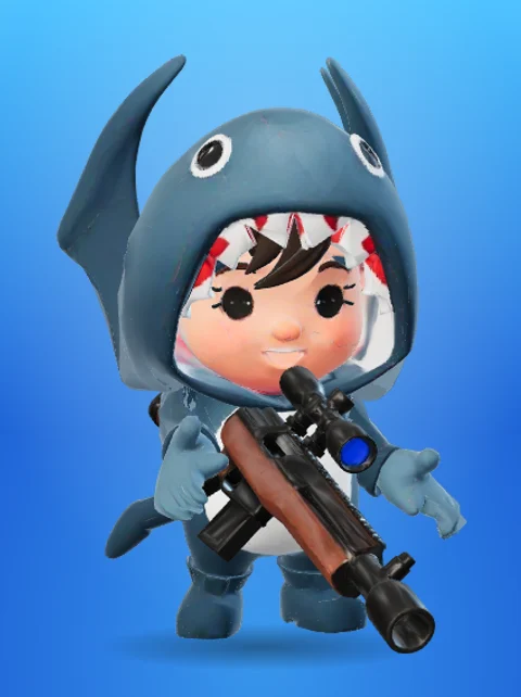 A character in a grey shark hoodie holding a rifle.