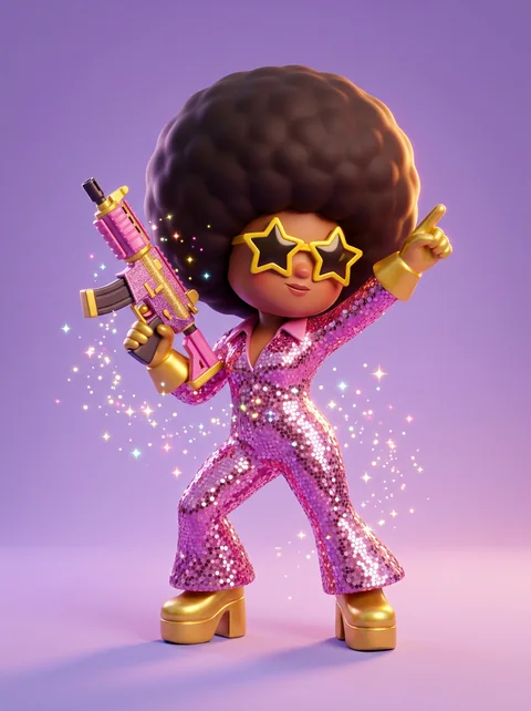 A dancer in a pink sequin suit with star-shaped glasses and an afro, holding a pink rifle.