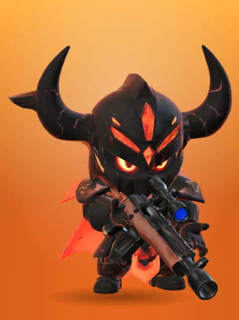A horned black helmet with glowing orange eyes on a dark armoured character.
