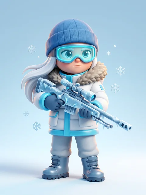 A sniper with white hair, a blue beanie and goggles, holding an icy rifle.