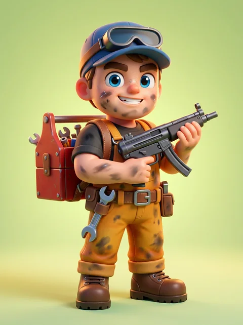 A mechanic with a cap, goggles and a toolbox, holding a submachine gun.
