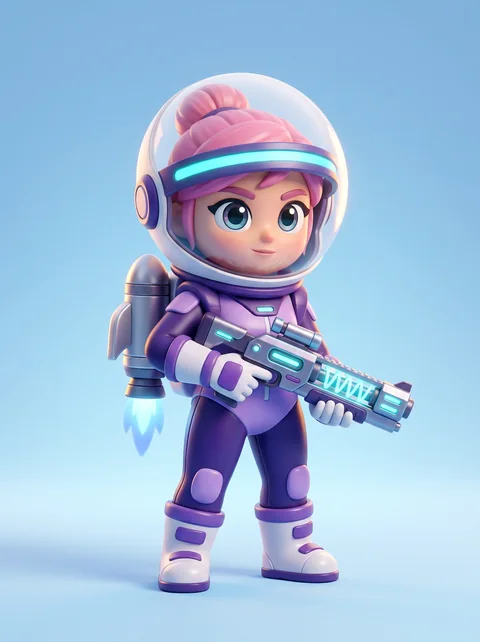A space-suited marksman in a purple suit and pink helmet, holding a glowing rifle.
