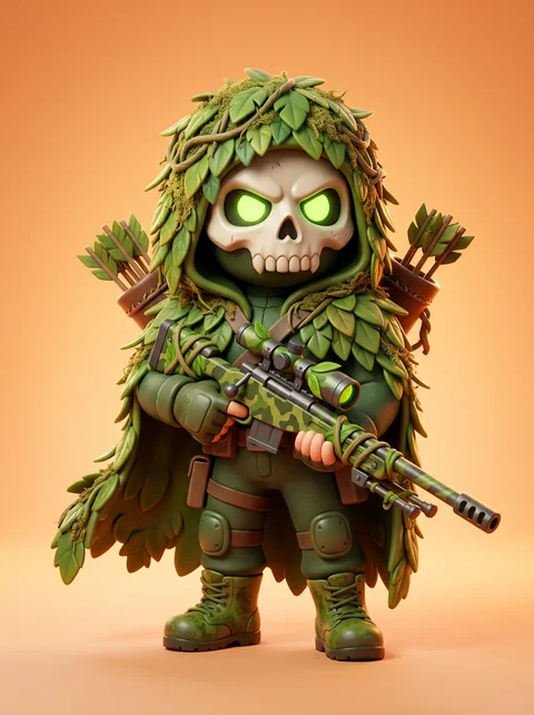 A figure in a mossy ghillie hood with a skull mask, holding a rifle.