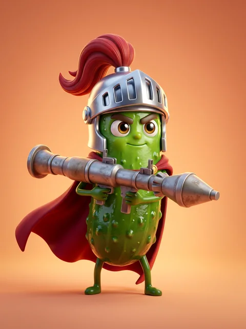 A pickle in a knight's helmet and red cape, holding a rocket launcher.