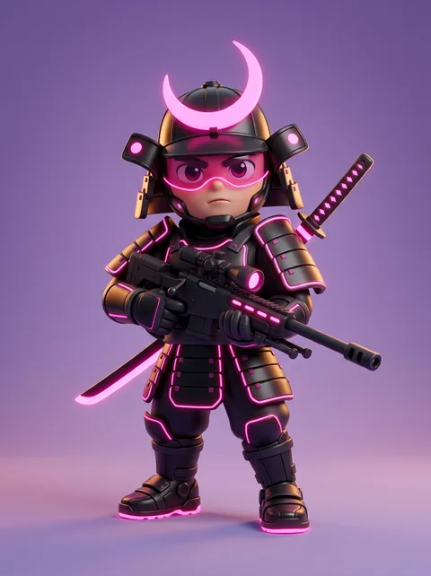 A samurai in black armour with neon pink trim and a glowing crescent helmet.