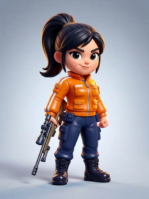 A rookie with a ponytail and an orange jacket, holding a rifle.