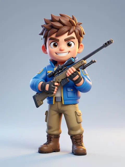 A rookie in a blue jacket with brown hair, holding a rifle.