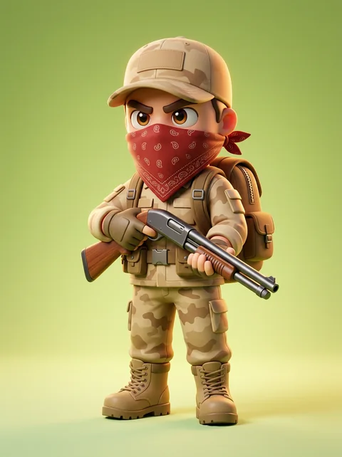 A sniper in desert camouflage and a cap with a red bandana, holding a shotgun.