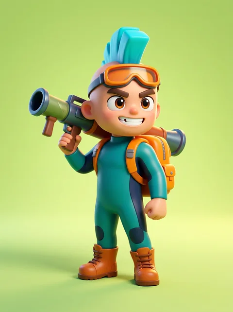 A raider in a teal suit with orange goggles and a mohawk, holding a rocket launcher.