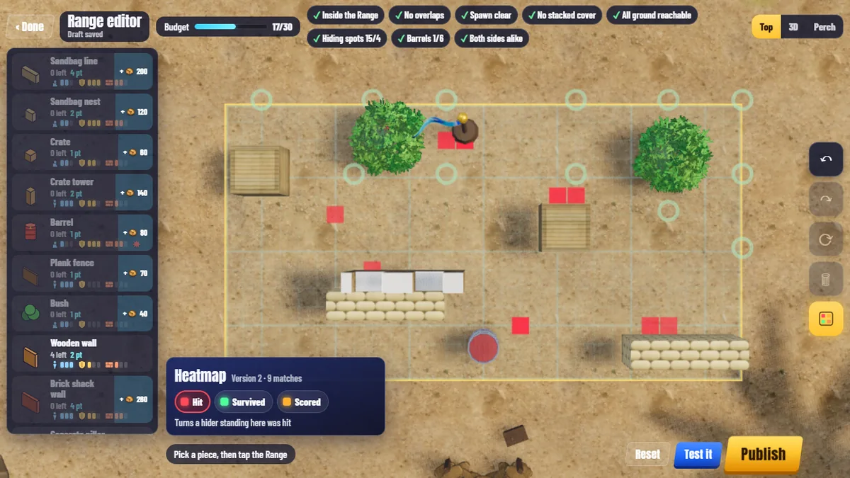 Screenshot: the Range editor with the heatmap on: red squares where hiders were hit over nine matches on this version of the Range, and the switches Hit, Survived and Scored.