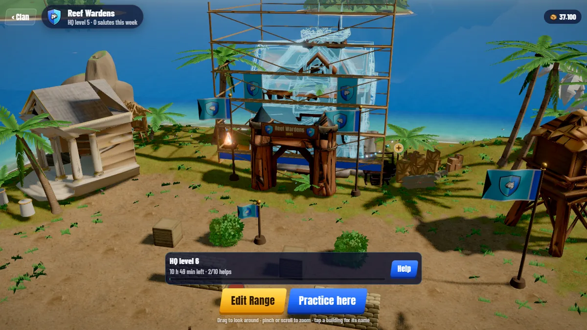Screenshot: a clan's island on Sunny Shores, with the HQ under scaffolding, the clan gate, flags, a watchtower and a trophy hall, and a bar that reads HQ level 6, 10 h 49 min left, 2 of 10 helps.