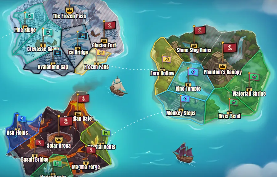 Screenshot: the full-screen Conquest map around Frosty Peaks, the Jungle Ruins and the Lava Lair: each island split into territories, the flags of the clans that hold them next to the Syndicate's red flags, a crown plaque on each Capital and the sea lanes between the worlds.