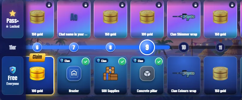Screenshot: the Clan Pass track at tier 9, with clan rewards such as a brazier, 500 Supplies and a concrete pillar ticked on the bottom row and the locked Pass+ rewards above.