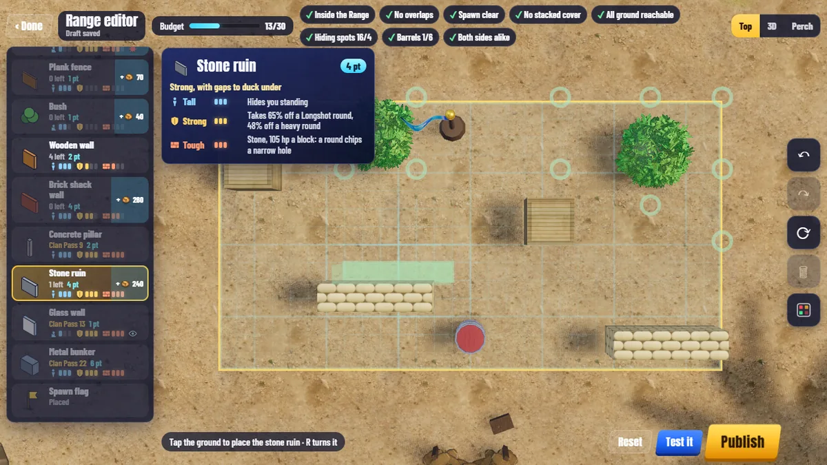 Screenshot: the Range editor from the top, with the piece list on the left, the card of the stone ruin (4 points: tall, strong and tough), the budget at 13 of 30 and every check ticked.
