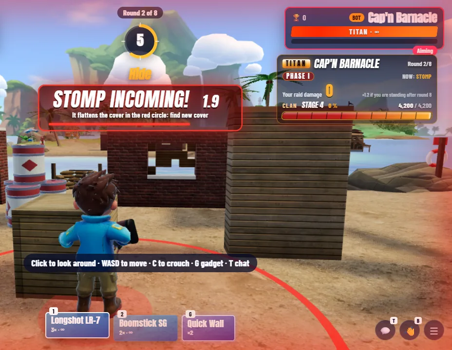 Screenshot: the alert Stomp incoming! It flattens the cover in the red circle: find new cover, with 1.9 seconds left, a red circle on the ground around the hiding player and the Titan's panel: phase I, now stomp.