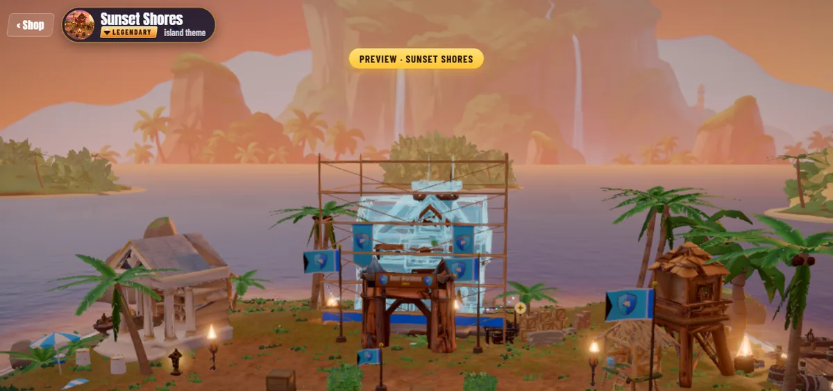 Screenshot: the preview of the Sunset Shores island theme, the same island under an orange evening sky with torches.