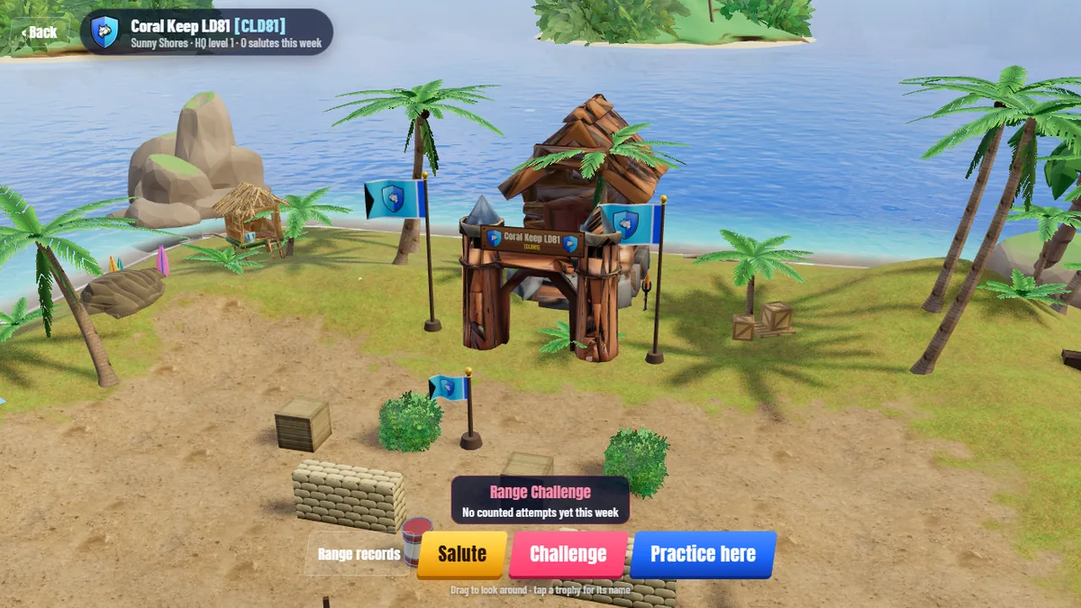 Screenshot: a visit to another clan's island on Sunny Shores, with its gate, flags and Range, the Range Challenge line and the buttons Salute, Challenge and Practice here.