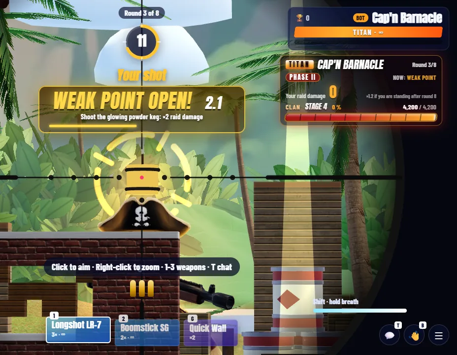 Screenshot: the scope on Cap'n Barnacle's glowing powder keg under the alert Weak point open!, 2.1 seconds left, shoot the glowing powder keg for double raid damage, and the Titan's panel: phase II, the clan's bar on stage 4.