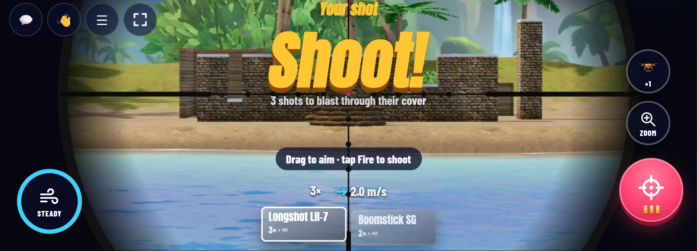 Screenshot: a phone held sideways in a scoped view with a Fire button, a Steady ring and a Zoom button.