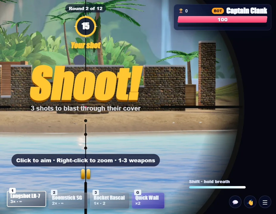 Screenshot: a scoped view of a stone-brick bunker on a beach, with a Shoot banner and three round pips.