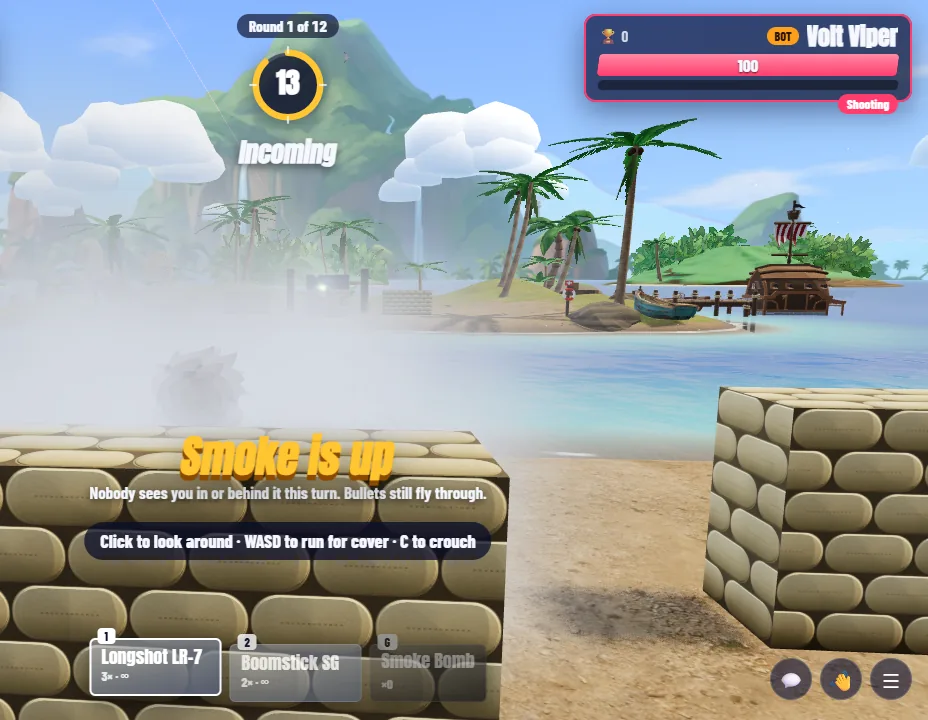 Screenshot: a player crouched behind sandbags inside a smoke cloud. The banner says smoke is up.