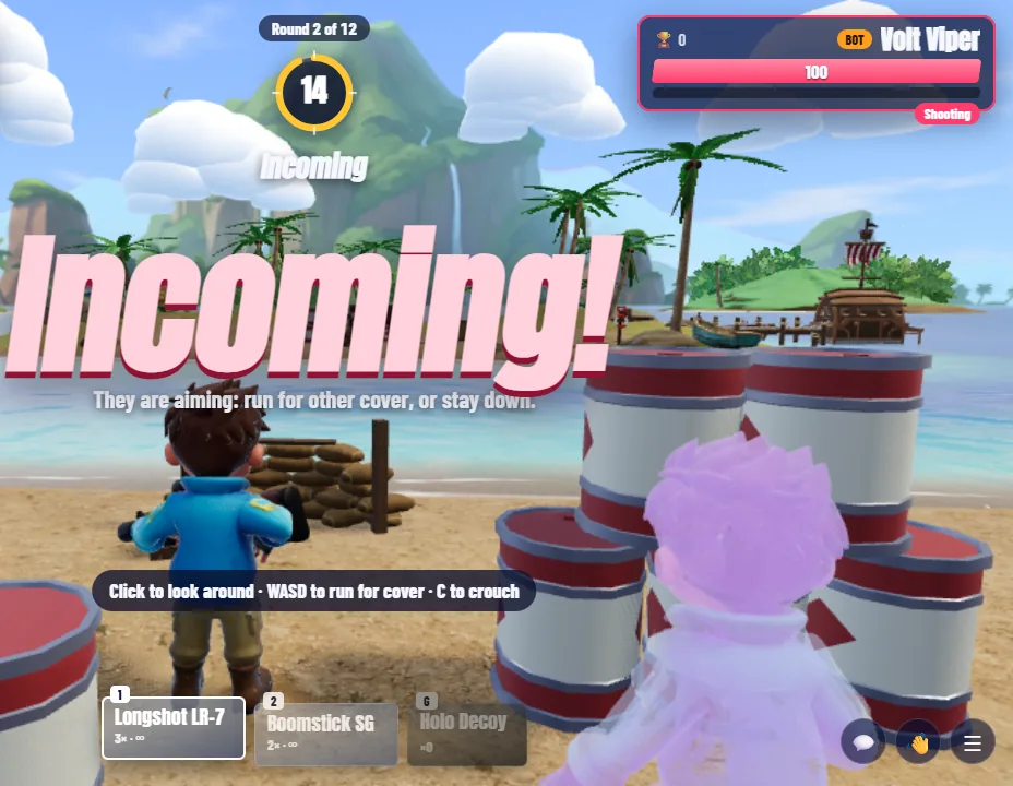 Screenshot: a hider among red and white barrels beside a translucent decoy, with an Incoming banner.